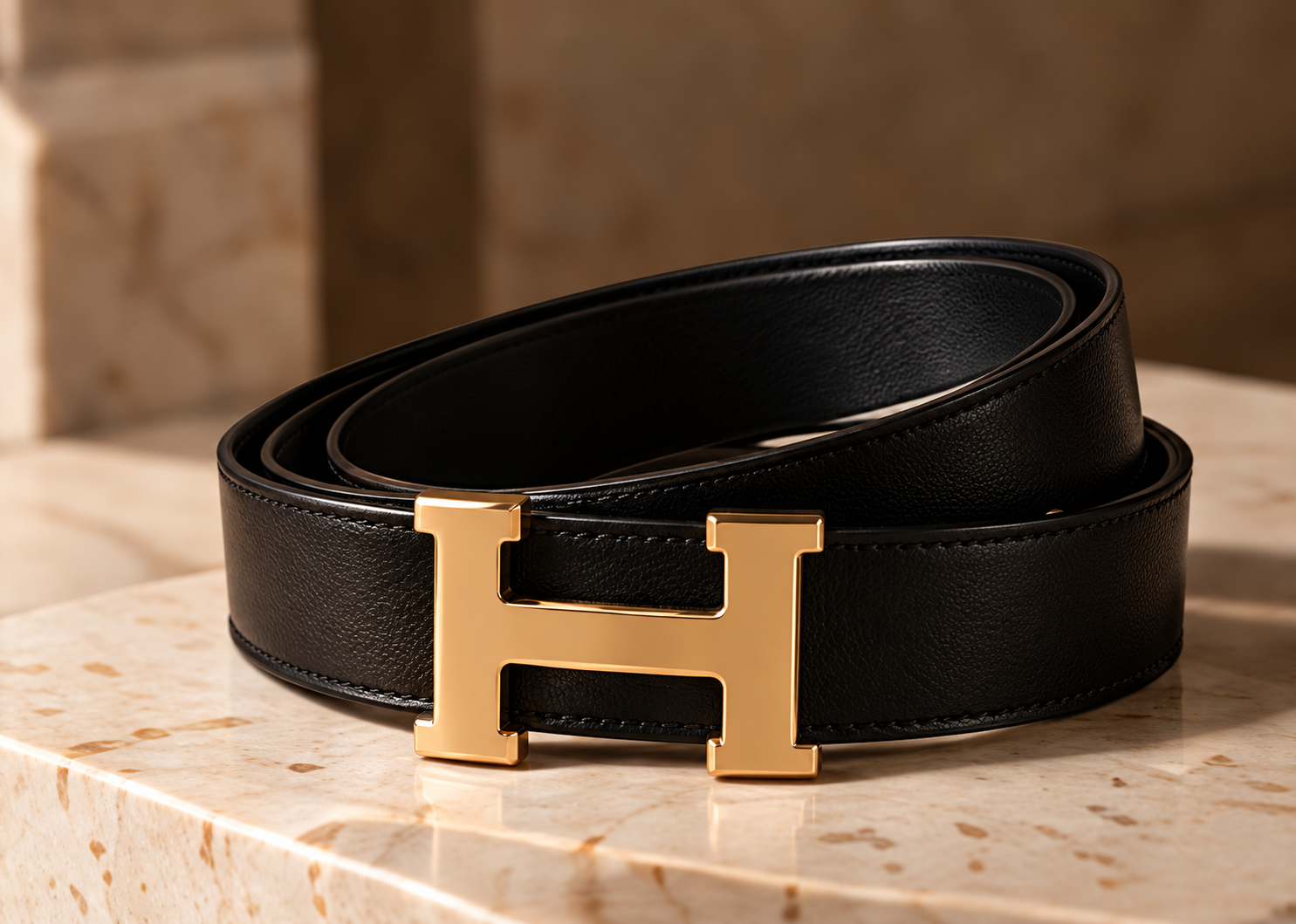 Black leather belt with gold buckle