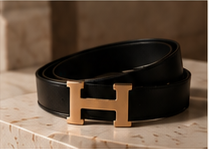 Black leather belt with gold buckle