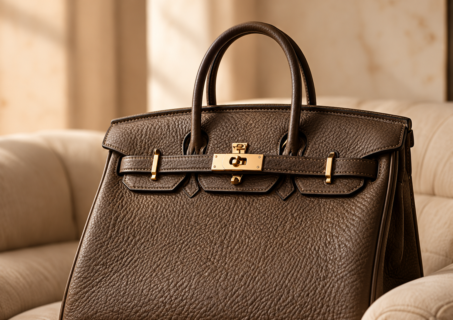 Brown textured leather handbag