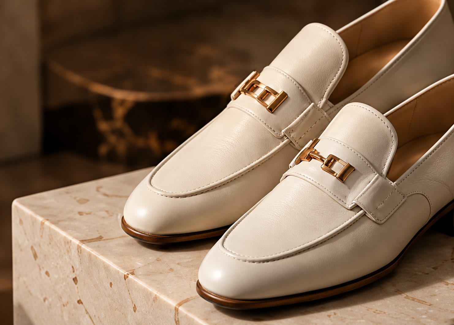 Cream leather loafers with gold detail