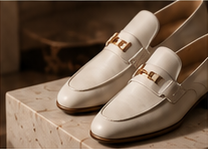Cream leather loafers with gold detail